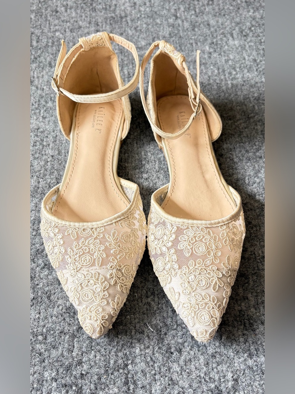 Embroidered Ankle-Strap Pointed Flats in Beige - Picture 2 of 14